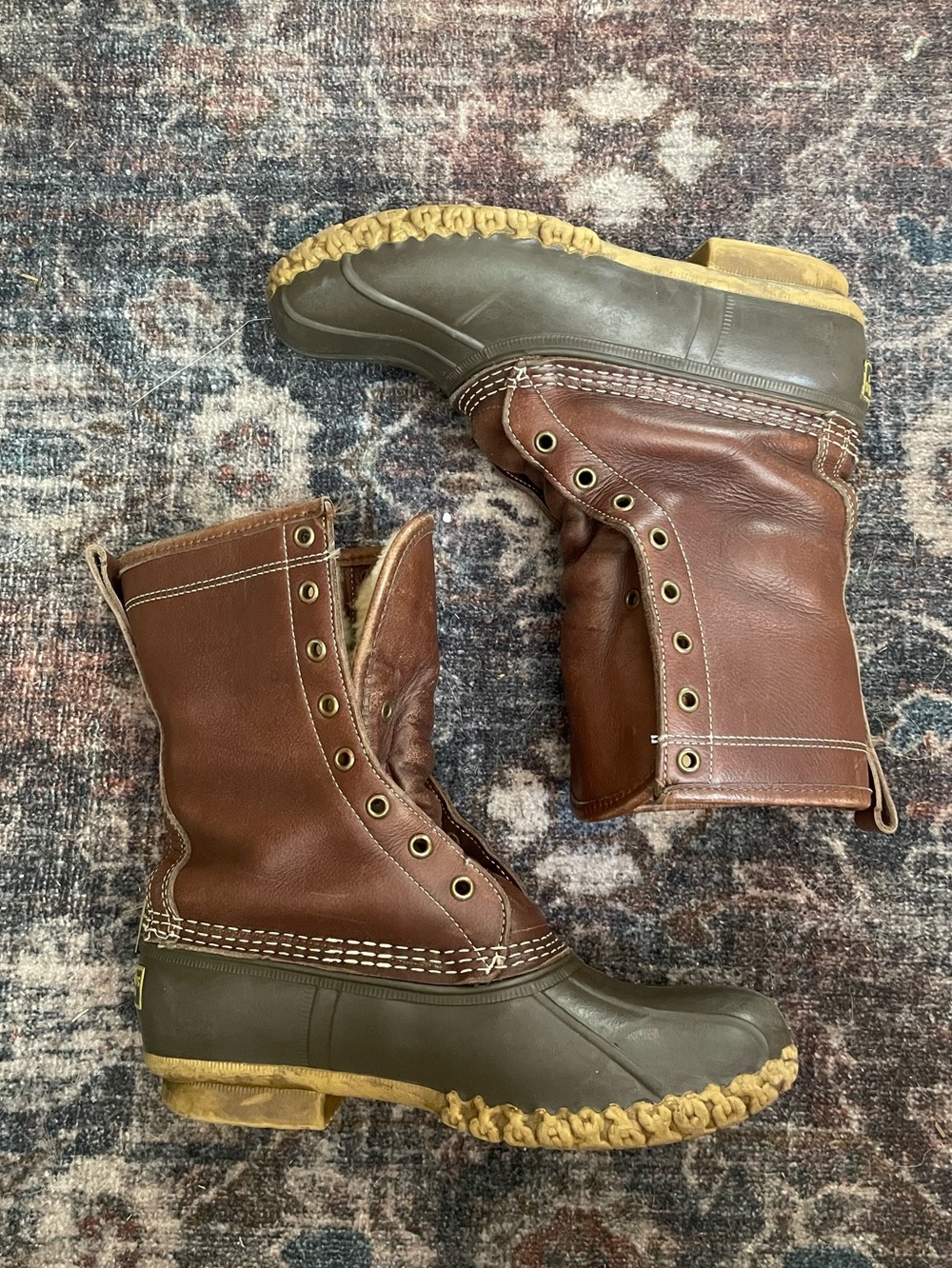 L.L. Bean Brown Leather and Olive Green Rubber Duck Boots